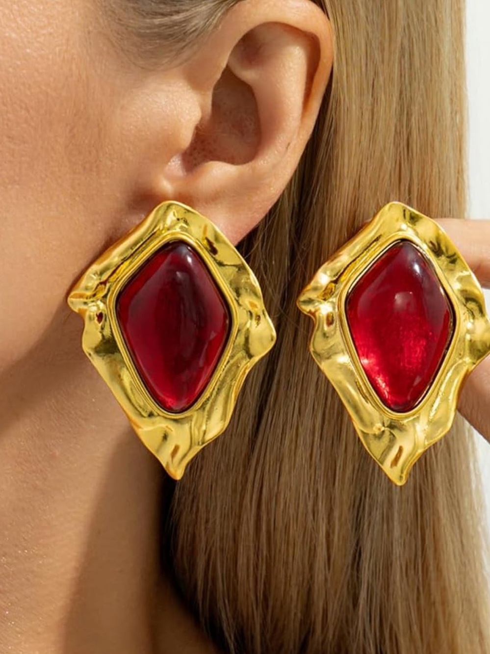 Anthropologie Gold-Tone Earrings with Red Cabochons